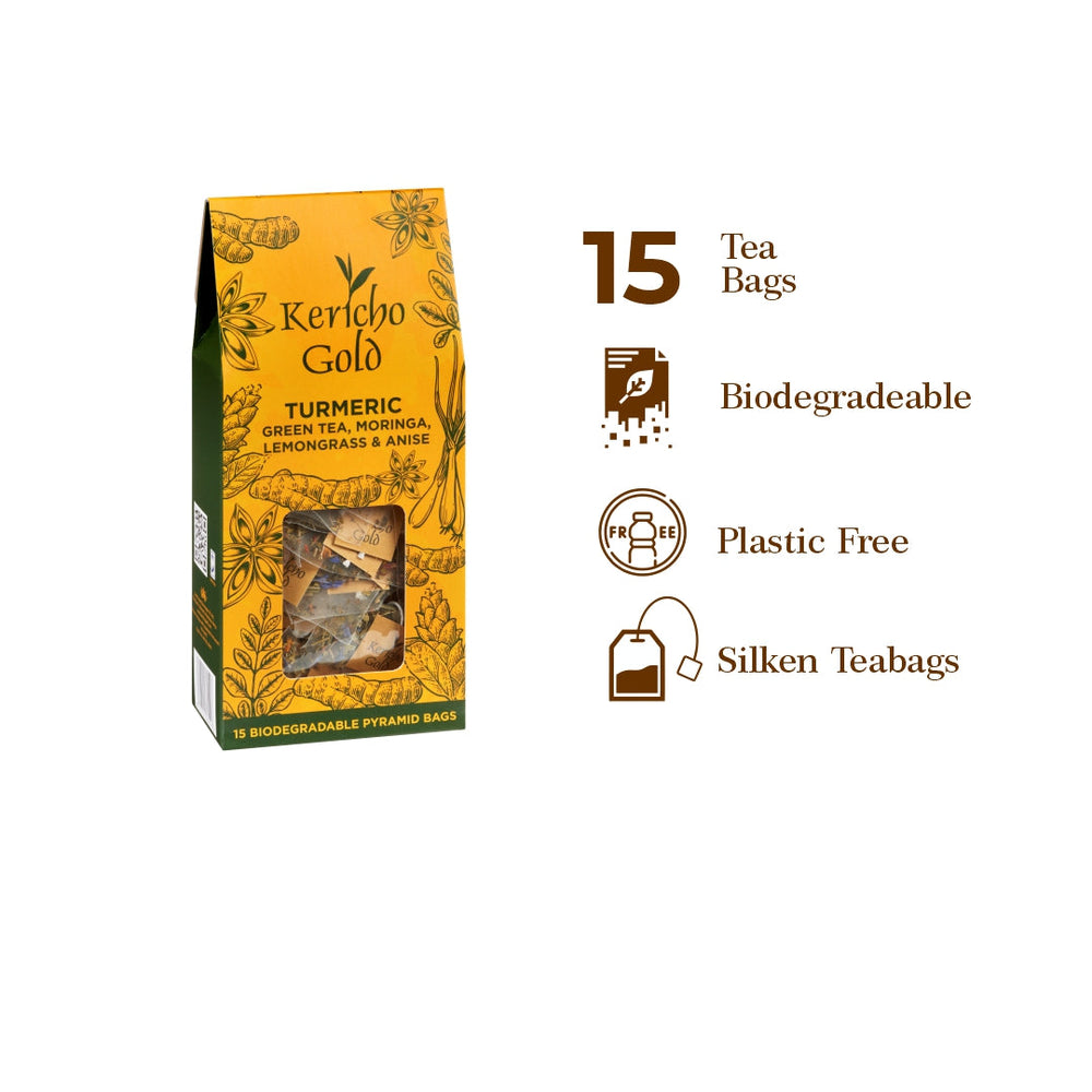 Green Tea, Turmeric, Moringa, Lemongrass and Anise.